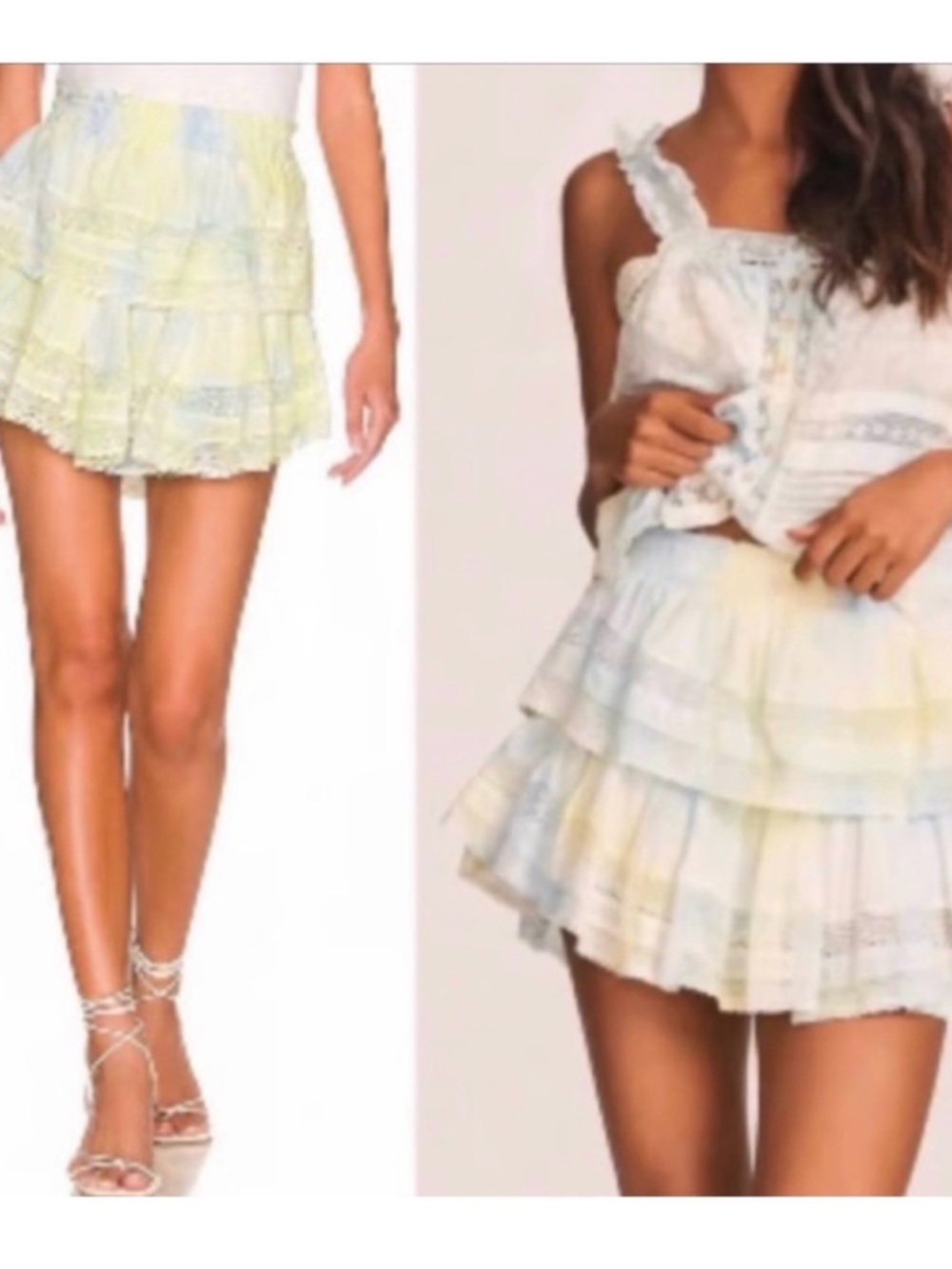 LoveShackFancy Lily Pad Tie Dye Pastel Yellow & Blue Tiered Ruffle Mini Skirt